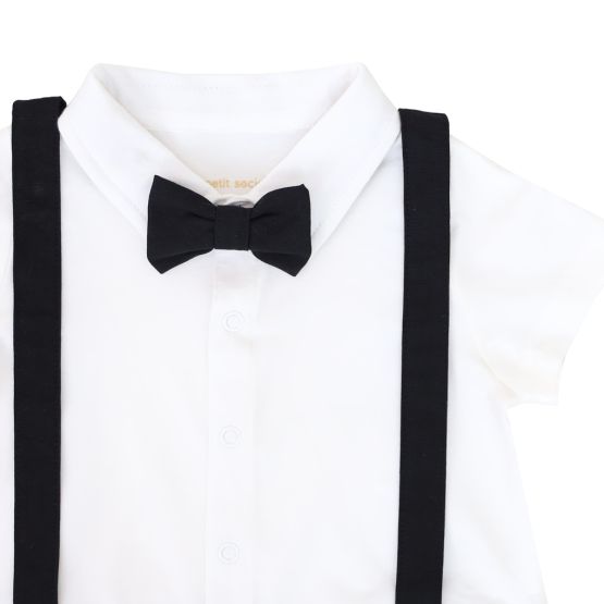 *New* Baby Boy Bow Tie Suspender Romper in Black