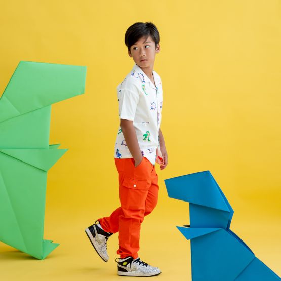 Made for Play - Boys Contrast Panel Shirt in T-Rex Print in White