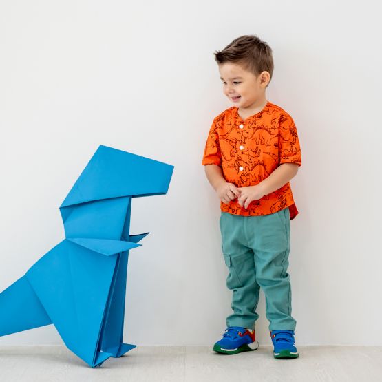 Made for Play - Boys Wide-Pocket Shirt in Dino Sketch Print in Orange