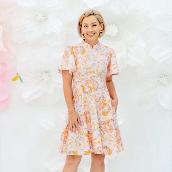 Dragon Series - Ladies Flutter Sleeves Dress in Pink Floral Print