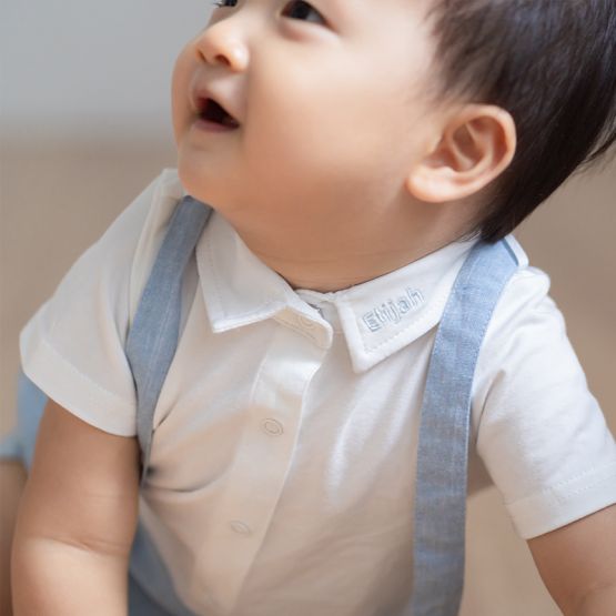 Papa & Mini - Baby Boy Suspender Romper in Chambray (Personalisable)