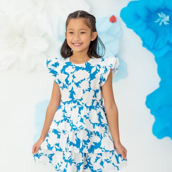Garden Series - Girls Tiered Dress in Blue Floral (Personalisable)