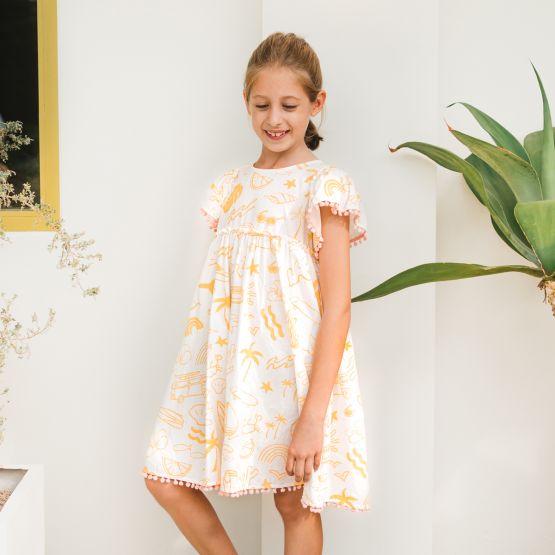Resort Series - Girls Flutter Sleeves Baby Doll Dress in Island Print