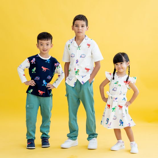 Made for Play - Boys Contrast Panel Shirt in T-Rex Print in White