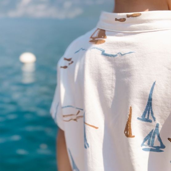 Resort Series - Boys White Jersey Shirt in Sail Boat Print 