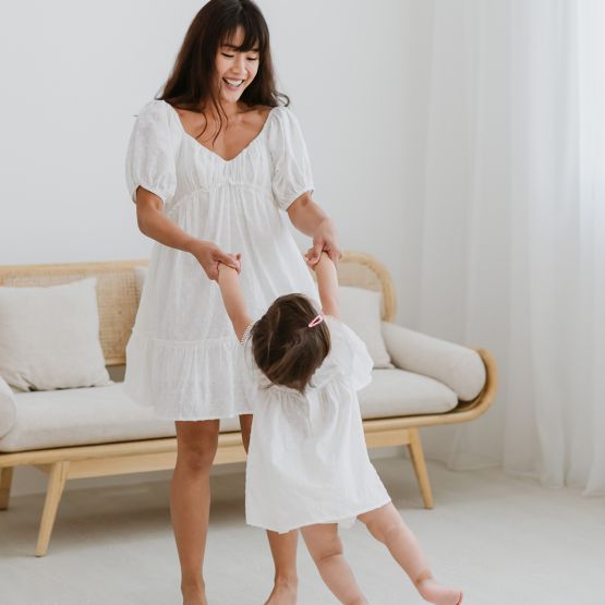 Resort Series - Ladies Ruffled Baby Doll Dress in White Swiss Dot