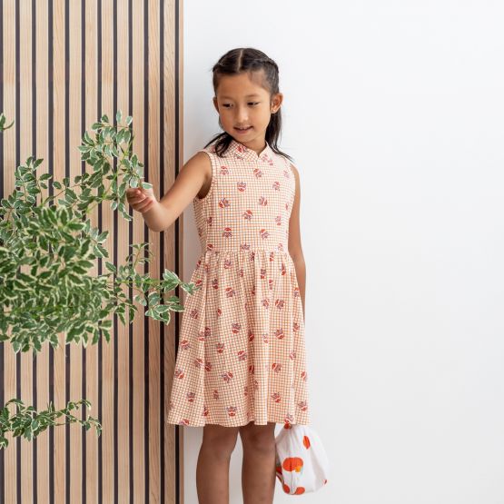 Lion Dance Series - Girls Jersey Dress in Orange Grid Print (Personalisable)