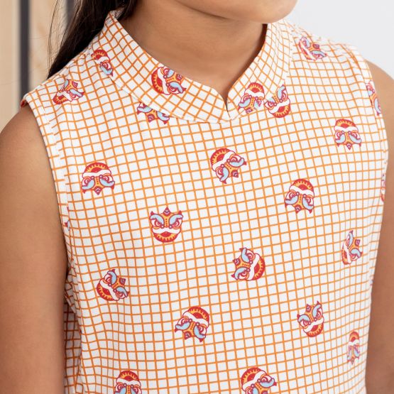 Lion Dance Series - Girls Jersey Dress in Orange Grid Print (Personalisable)