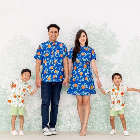 Mandarin Orange Series - Ladies Mini Dress in Blue Floral Orange Print