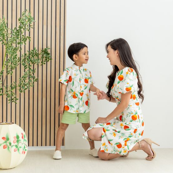 Mandarin Orange Series - Ladies Dress in White Floral Orange Print