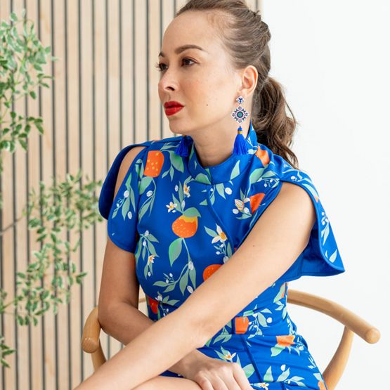 Mandarin Orange Series - Ladies Mini Dress in Blue Floral Orange Print
