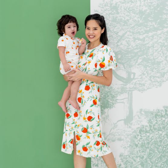 Mandarin Orange Series - Ladies Dress in White Floral Orange Print