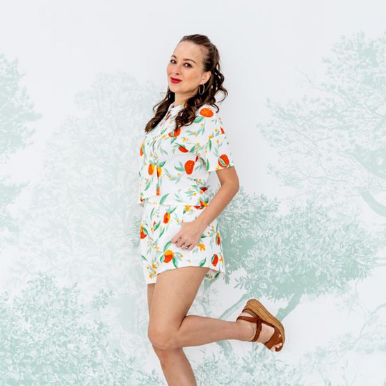Mandarin Orange Series - Ladies High Waist Shorts in White Floral Orange Print
