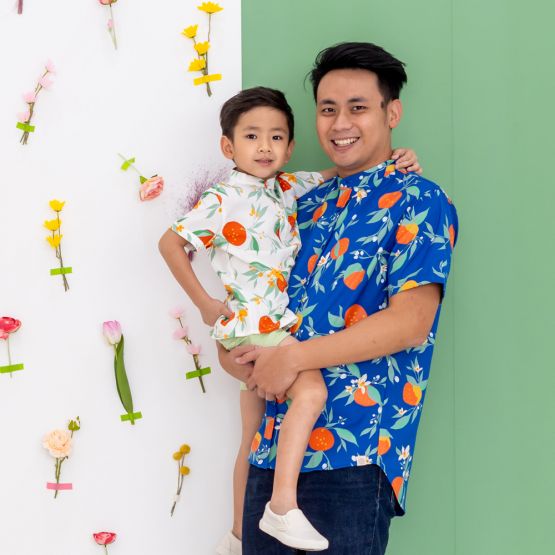 Mandarin Orange Series - Men's Shirt in Blue Floral Orange Print (Personalisable)