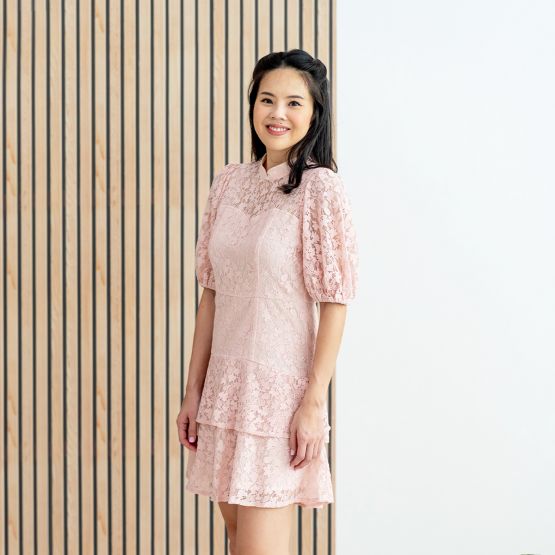 Spring Series - Ladies Puff Sleeve Lace Dress in Pink 