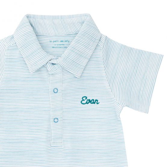 Baby Boy Organic Polo Romper in Blue Stripes (Personalisable)