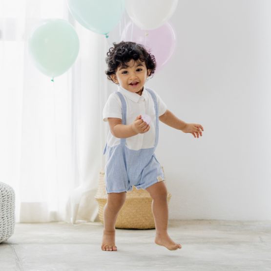 Papa & Mini - Baby Boy Suspender Romper in Chambray (Personalisable)